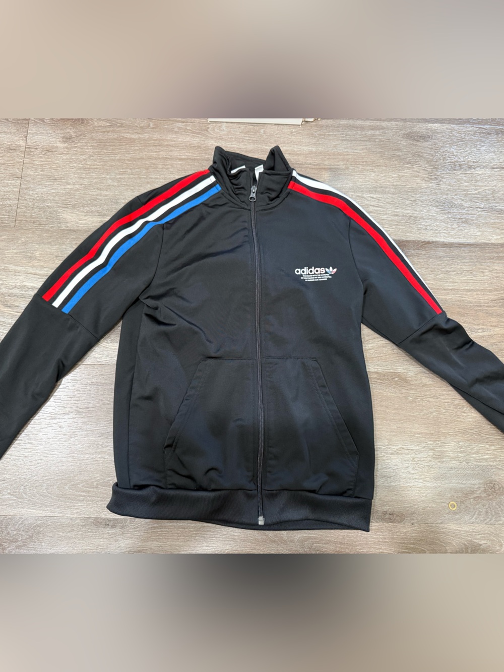 adidas Black Track Jacket with Red, White and Blue Stripes